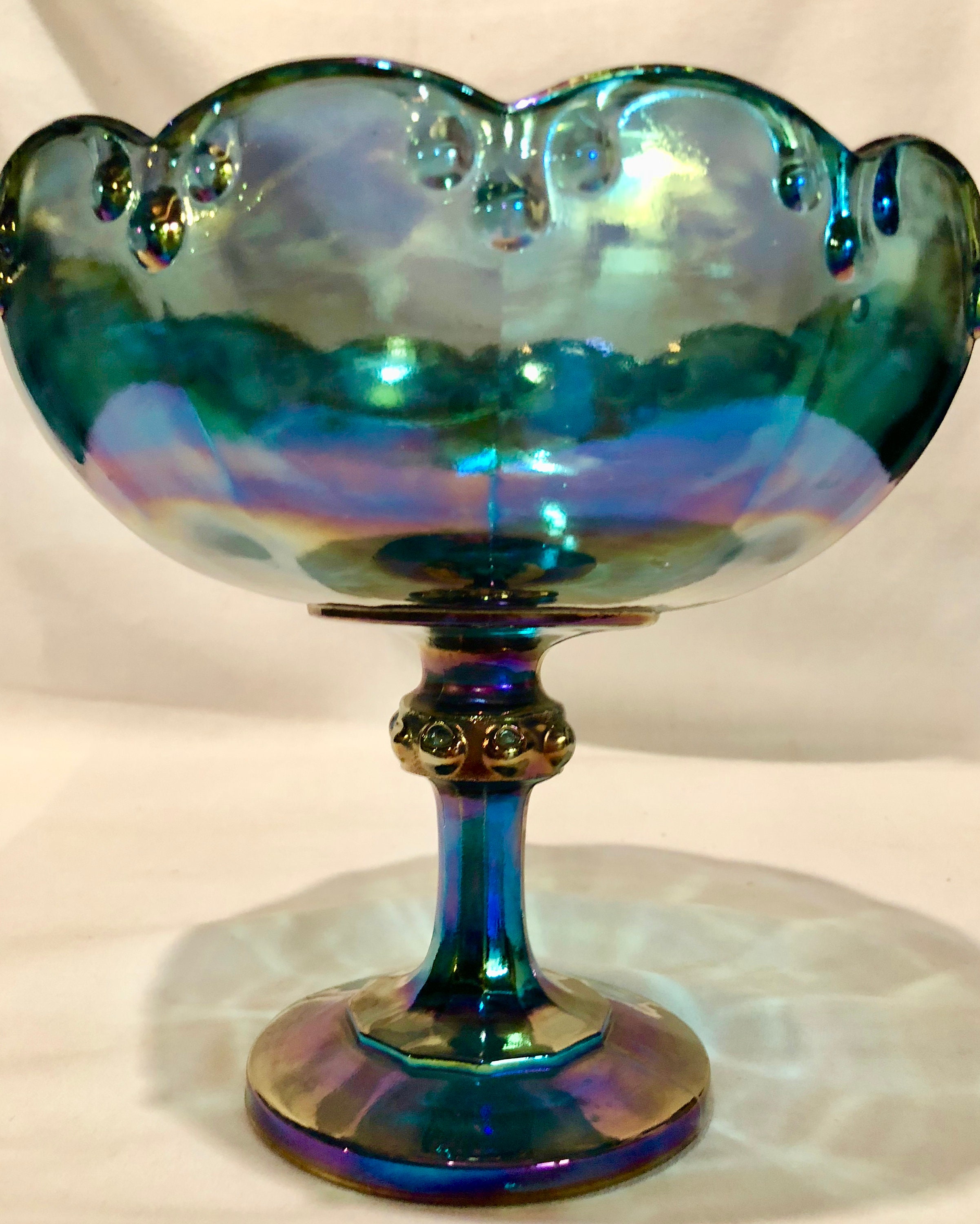 Antique Iridescent Blue Carnival Glass Fruit Compote