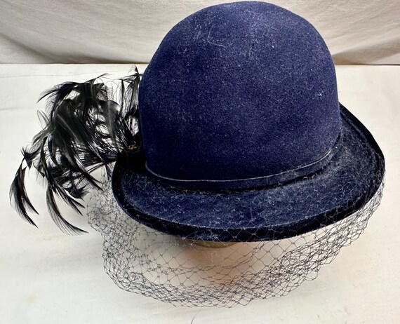 Vintage Ladies Royal Blue Wool Hat with Black Fea… - image 2