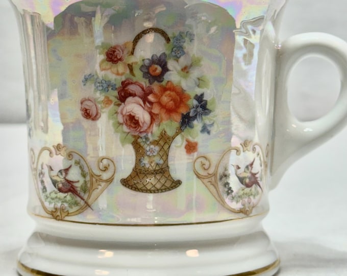 Antique Iridescent Mustache Mug with Floral and Pheasant Design, #7590