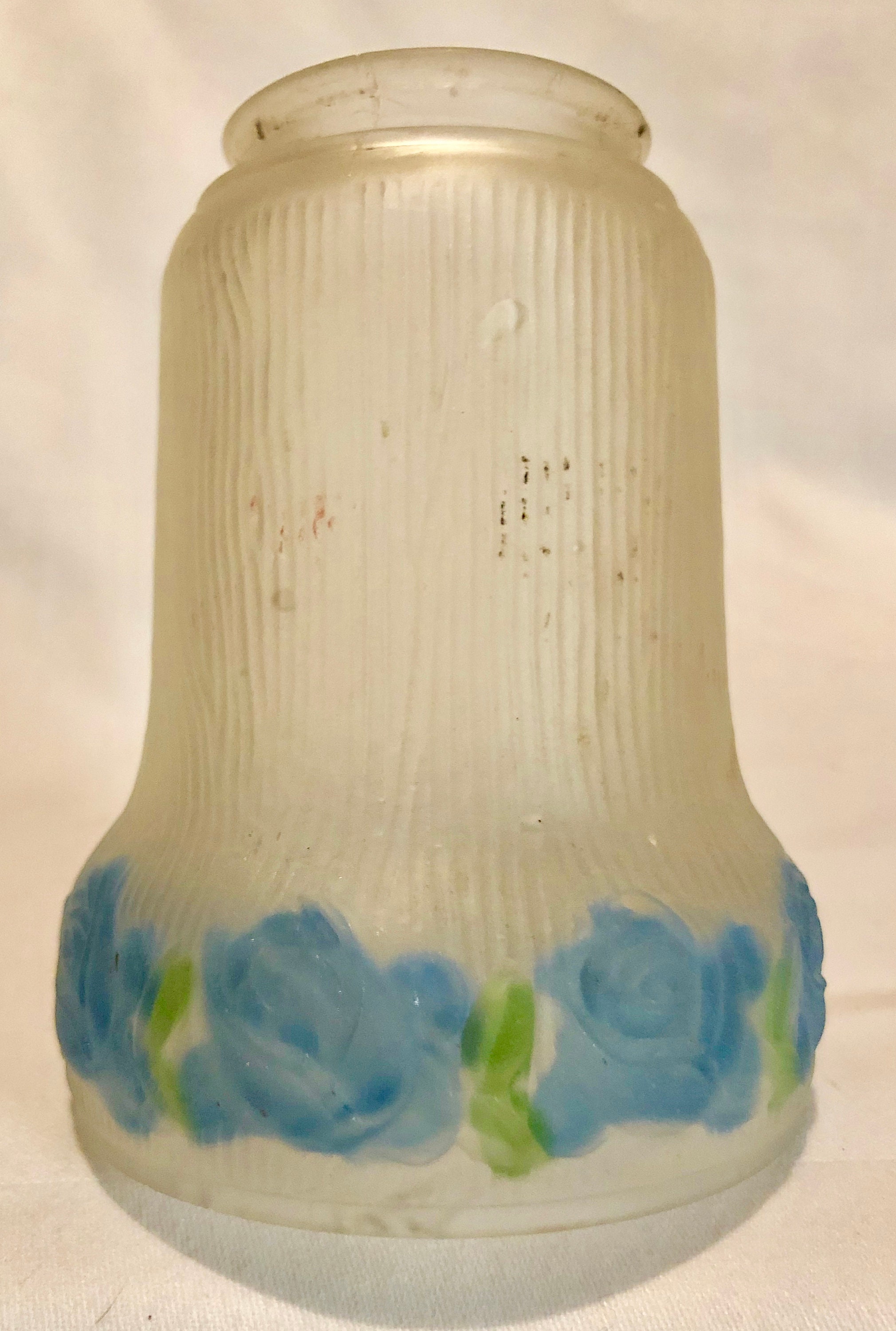 Antique Victorian Frosted Glass Lamp Shade with Blue Hand Painted Flowers