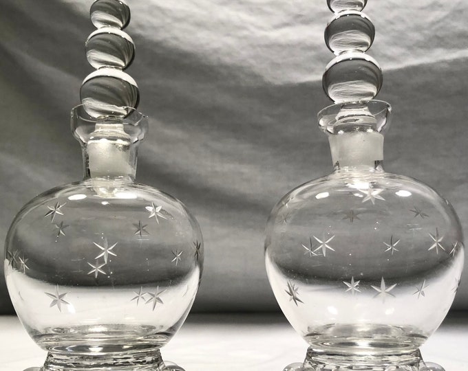 Vintage Clear Etched Glass Star and Hobnail Perfume/Scent Bottles-Set of Two