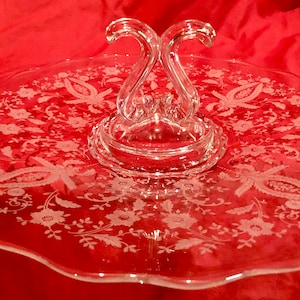 Vintage Fostoria Romance Clear Depression Glass Handled Serving Plate with Etched Florentine Style Pattern