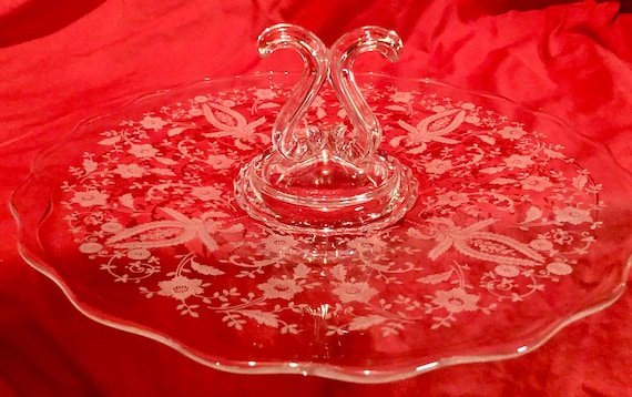 Vintage Fostoria Romance Clear Depression Glass Handled Serving Plate with Etched Florentine Style Pattern