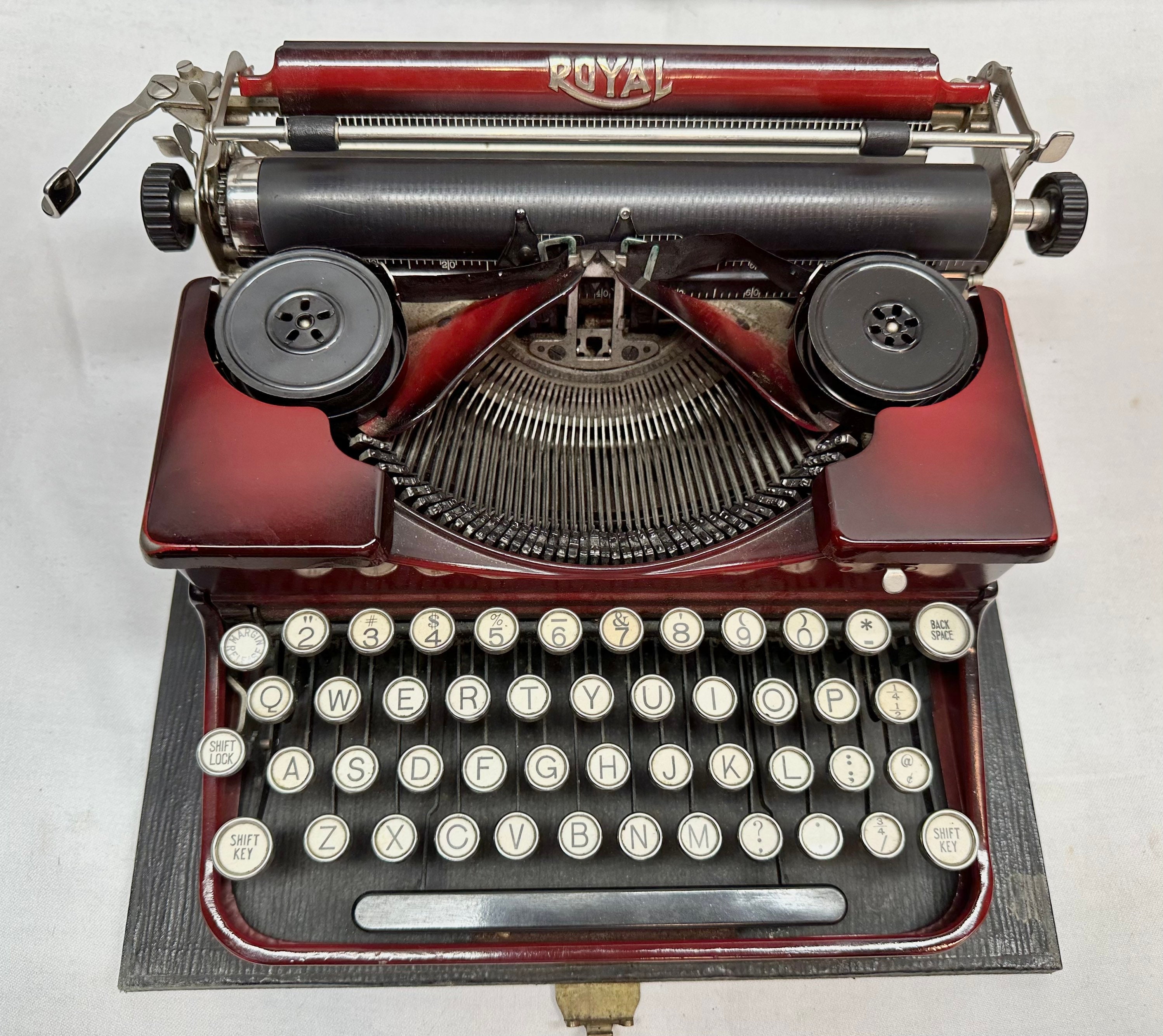 Vintage Royal Red Metal Typewriter in Original Carrying Case with Key