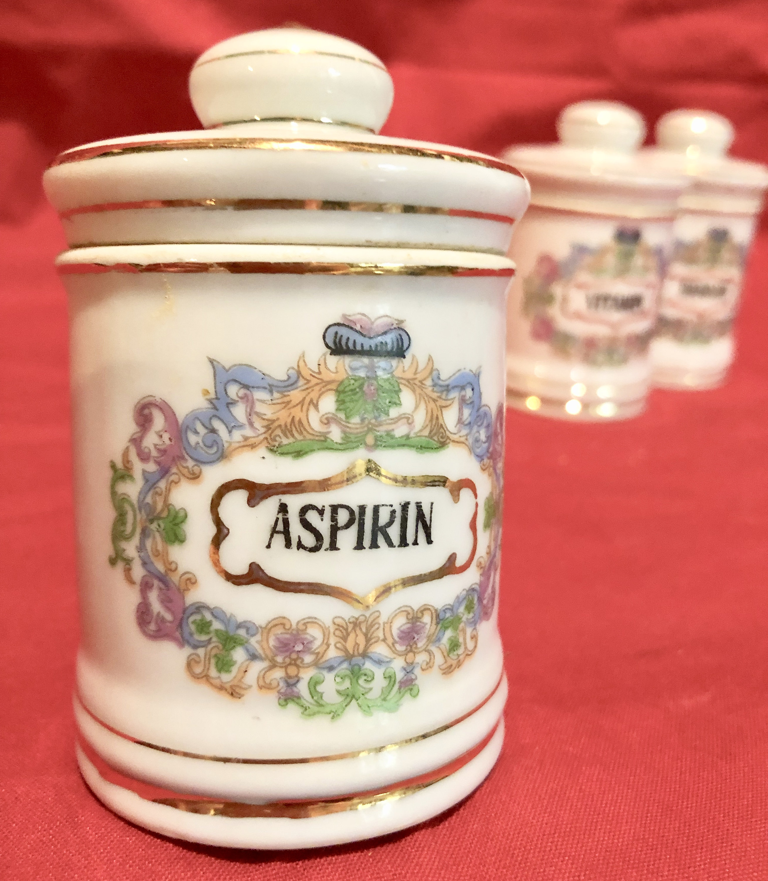 Vintage Porcelain Apothecary Jars with Lids Aspirin/Bandaid/Vitamin. Set of Three.