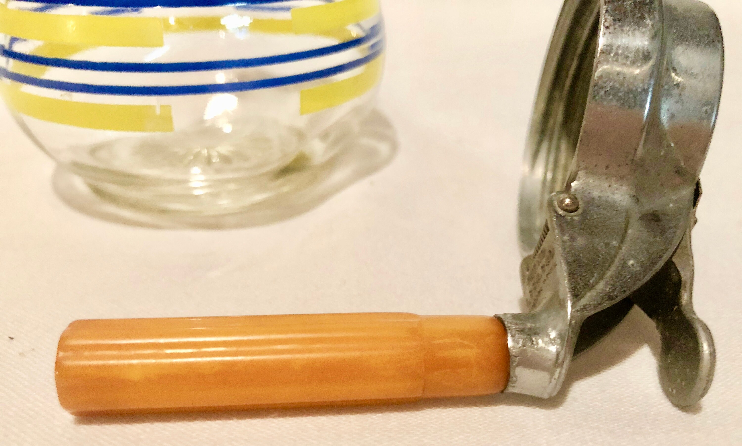 Vintage Midcentury Blue and Yellow Striped Glass Syrup Dispenser with