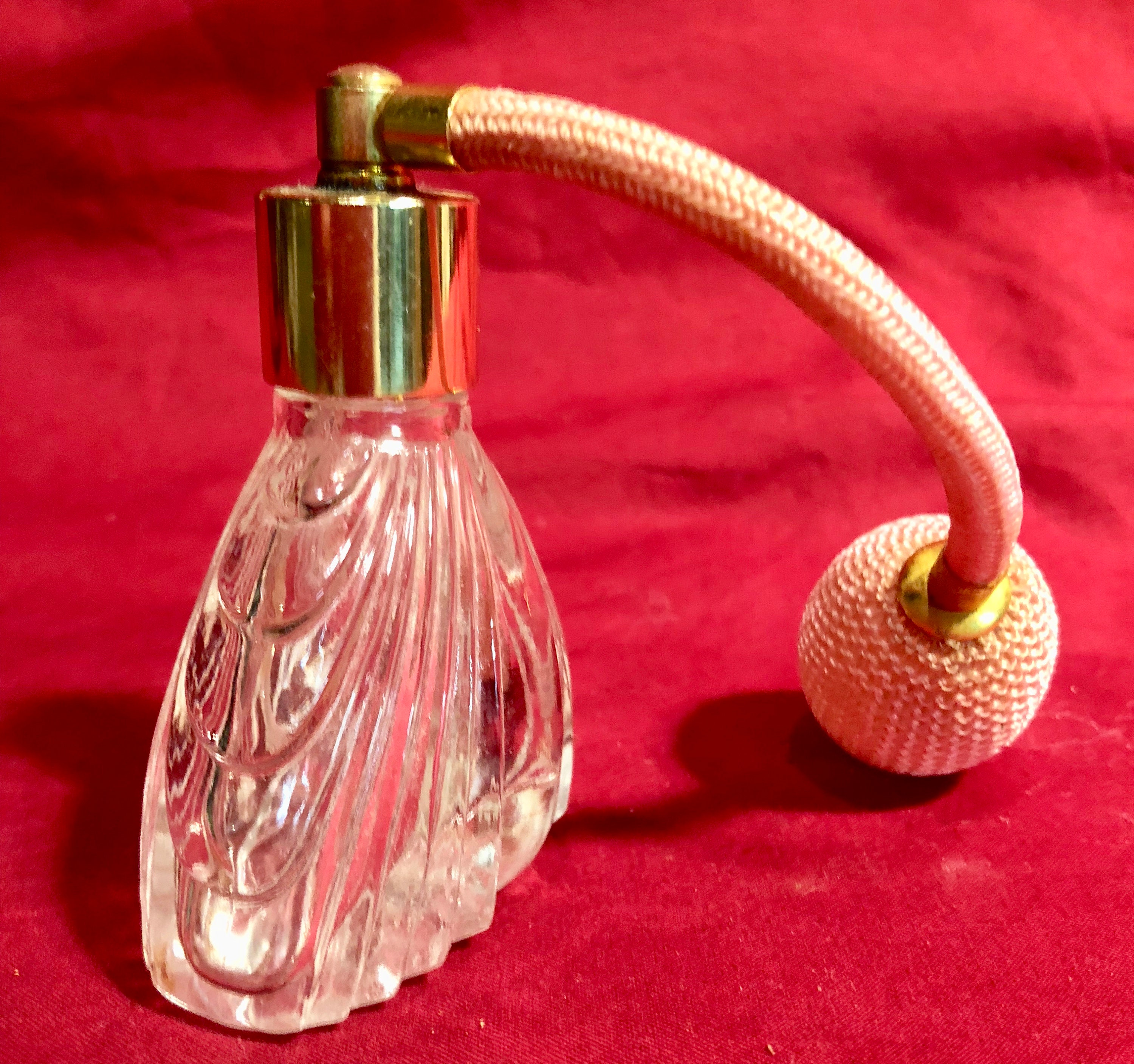 Vintage Clear Cut Glass Perfume Bottle with Pink Silk Atomizer