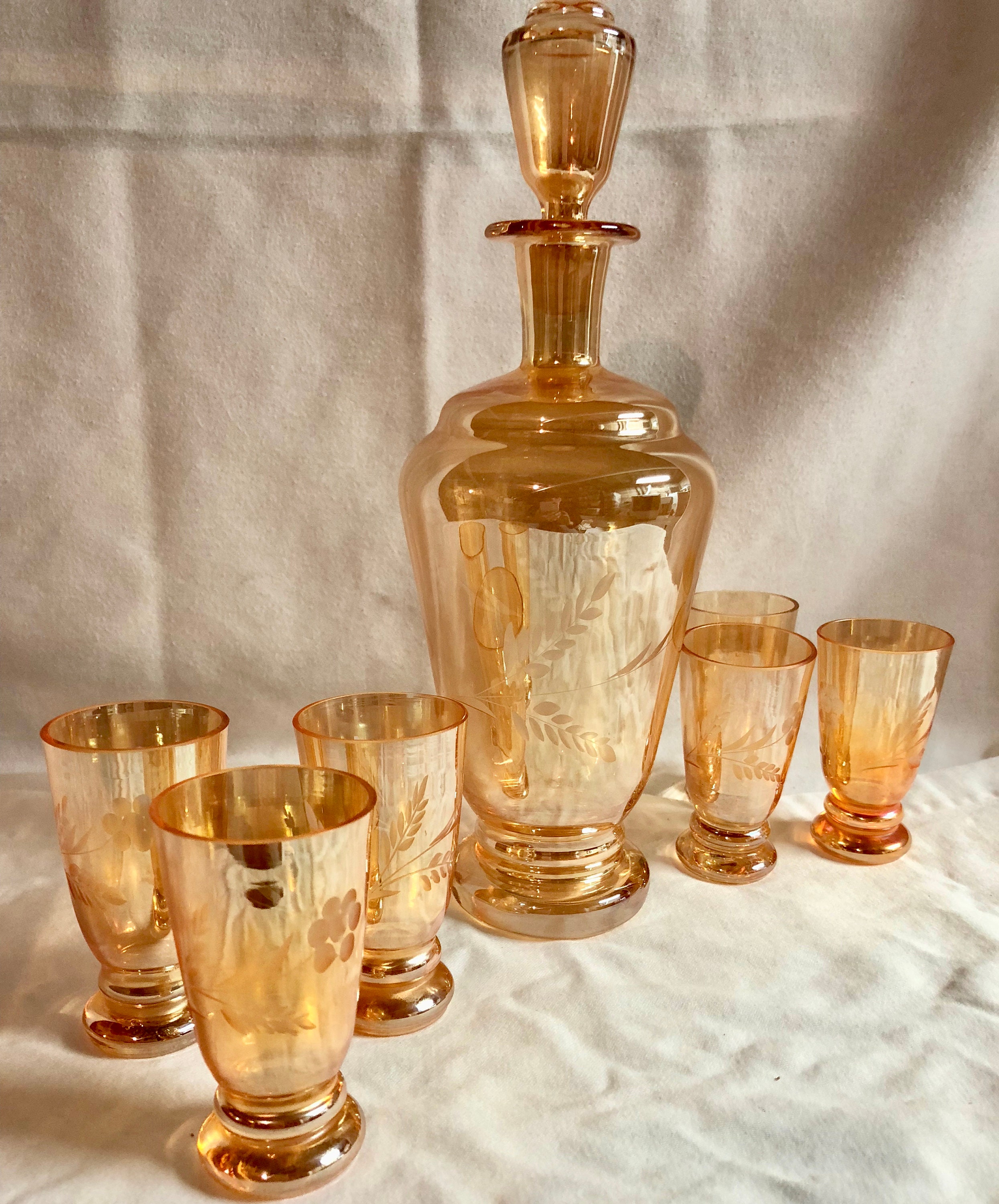 RESERVED for RICK Amber Gold Iridescent Carnival Glass Decanter and Set