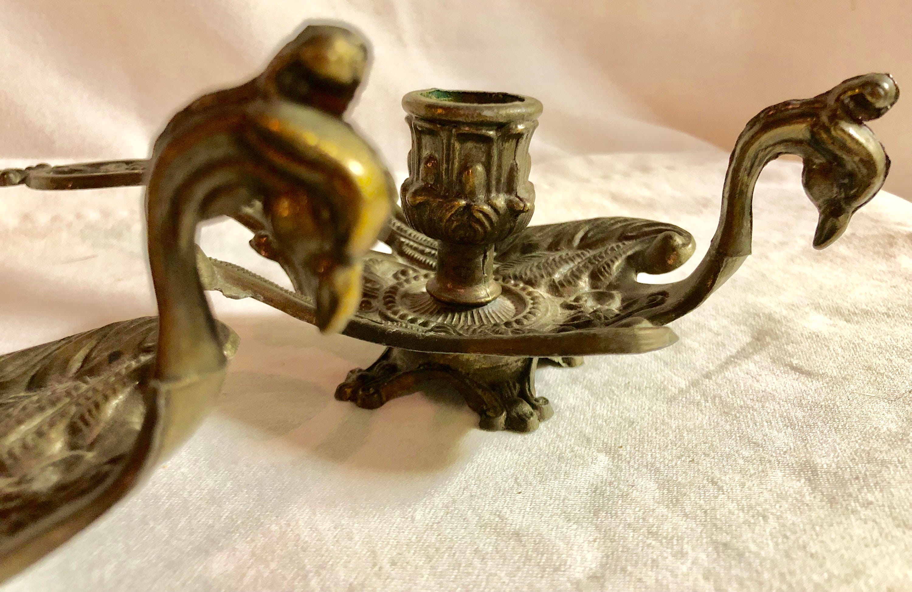 Pair of Vintage Gothic Italian Scrolled Brass Phoenix/Peacock Candle