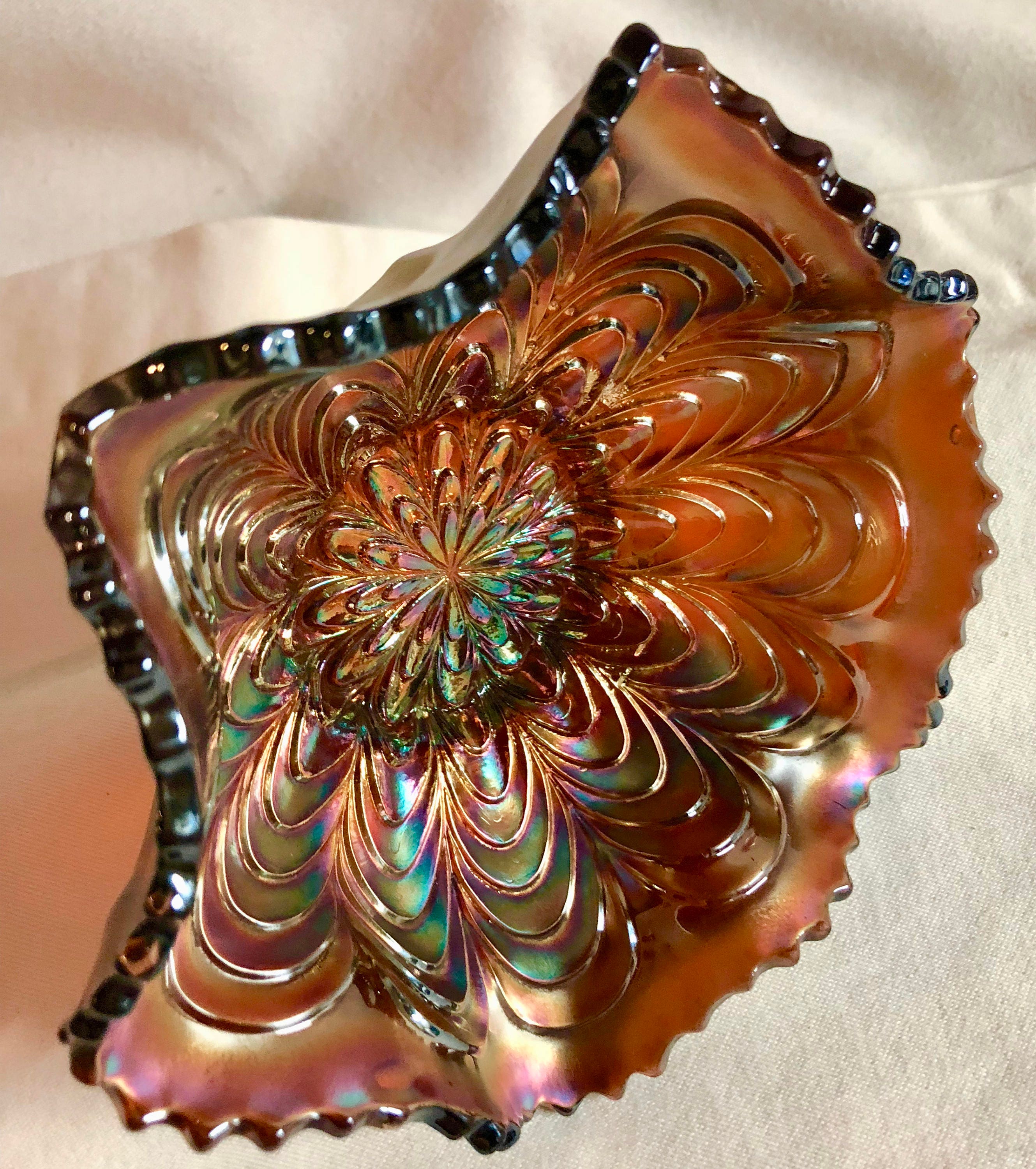 Amber Iridescent Carnival Glass Wave Pattern Candy Dish