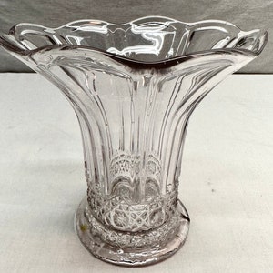 Vintage Clear Cut Depression Glass Fluted Vase Diamond Starburst Pattern
