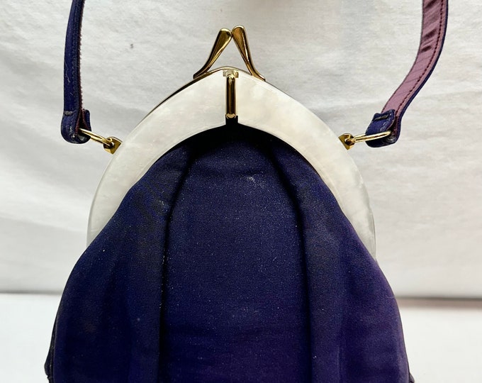 Vintage Royal Purple Teardrop Shaped Formal Handbag with Gold and Mother of Pearl Accents