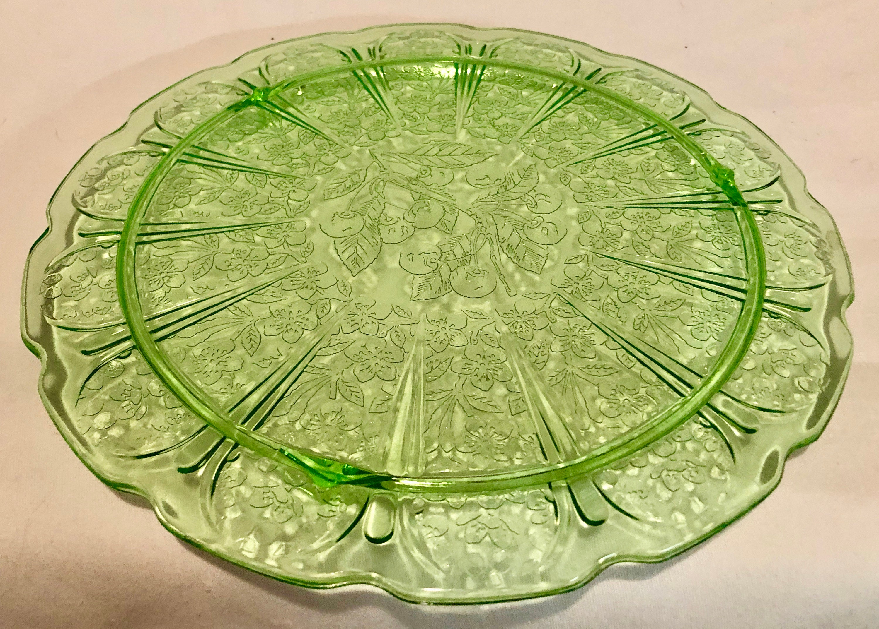 Vintage Green Depression Glass Footed Serving Plate/Dish Cherry