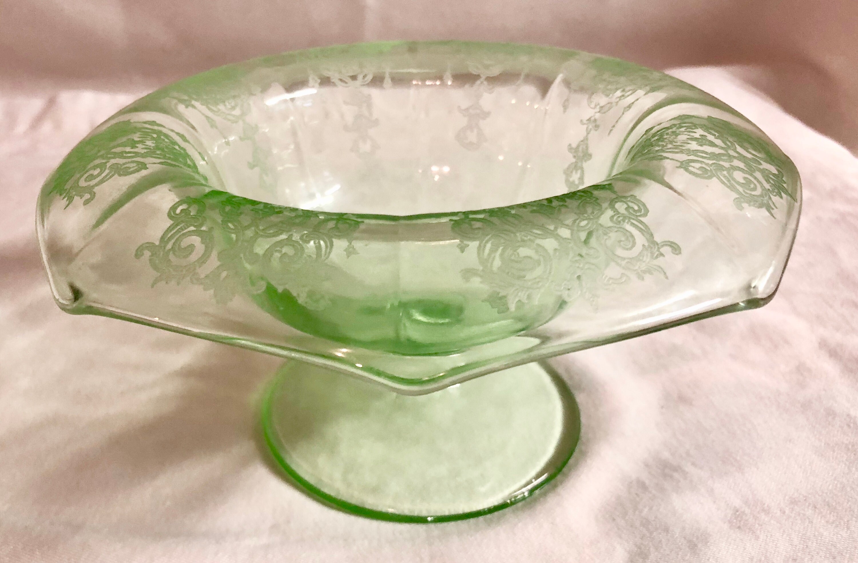 Antique Green Depression Glass Footed Candy/Trinket Dish with Scroll Design