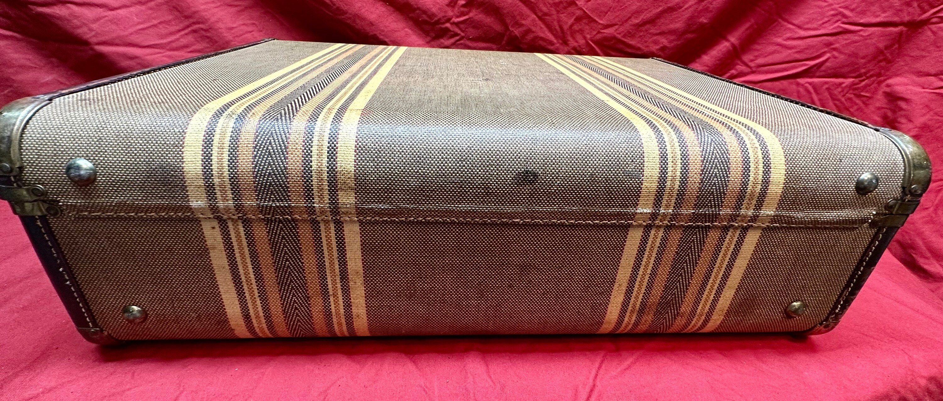 Vintage Hardcover SuitcaseBrown and Tan Tweed Striped Pattern,Brass