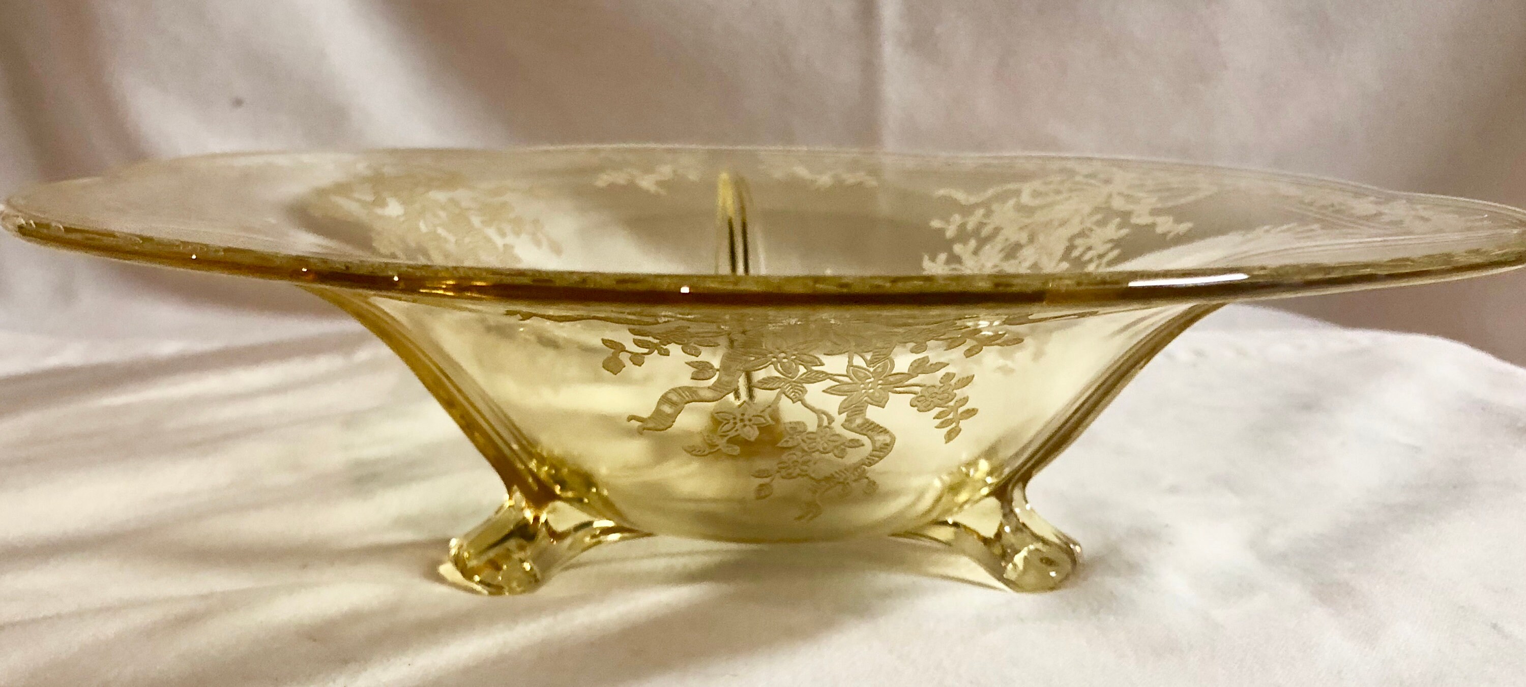 Antique Canary Yellow Depression Glass Large Floral Footed Serving Bowl