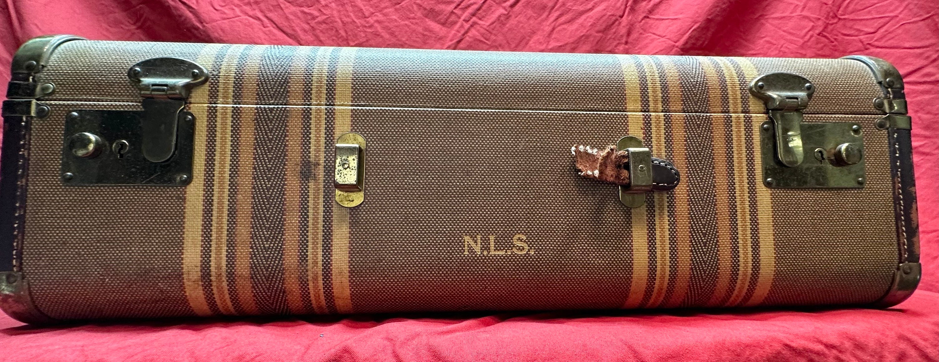 Vintage Hardcover SuitcaseBrown and Tan Tweed Striped Pattern,Brass