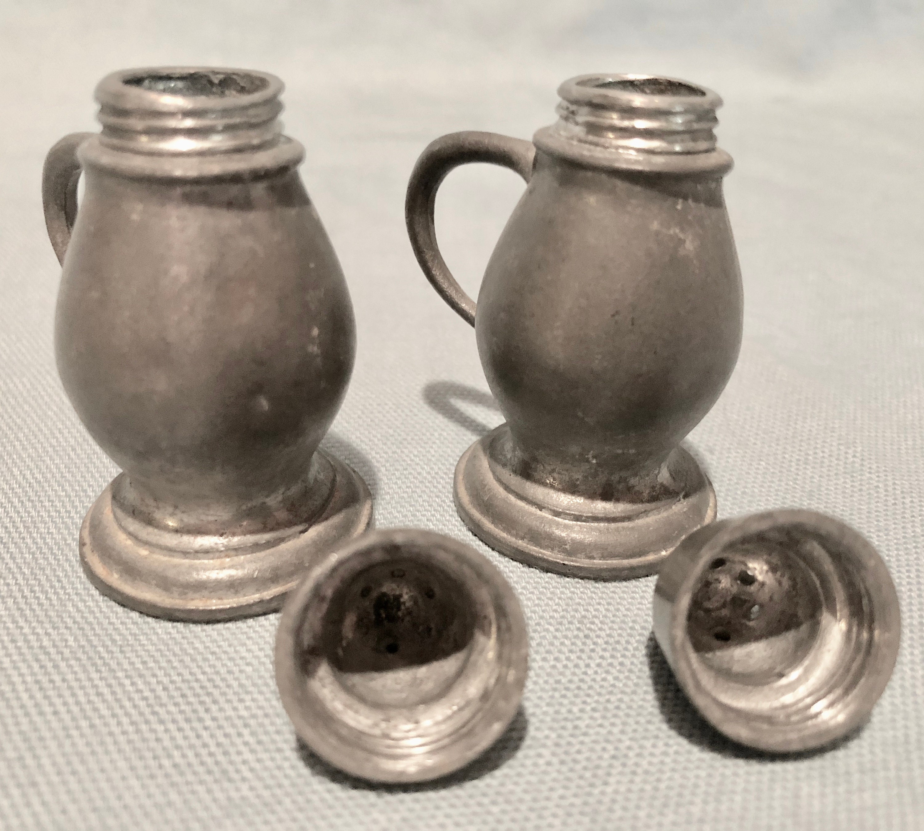 Antique Pewter Salt and Pepper Shakers with Tray, by C S Co, Portland