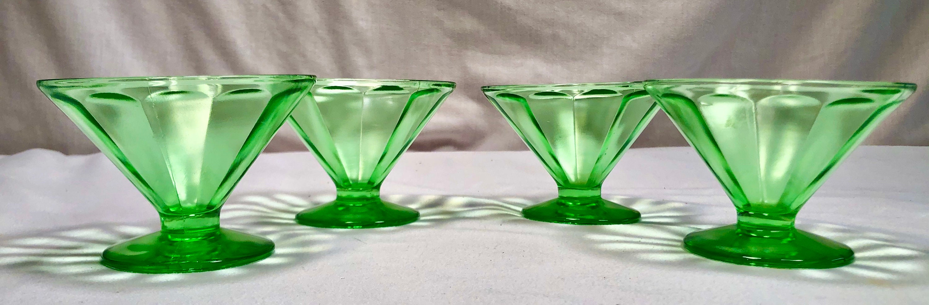 Vintage Midcentury Green Glass Dessert Dishes Set of Four