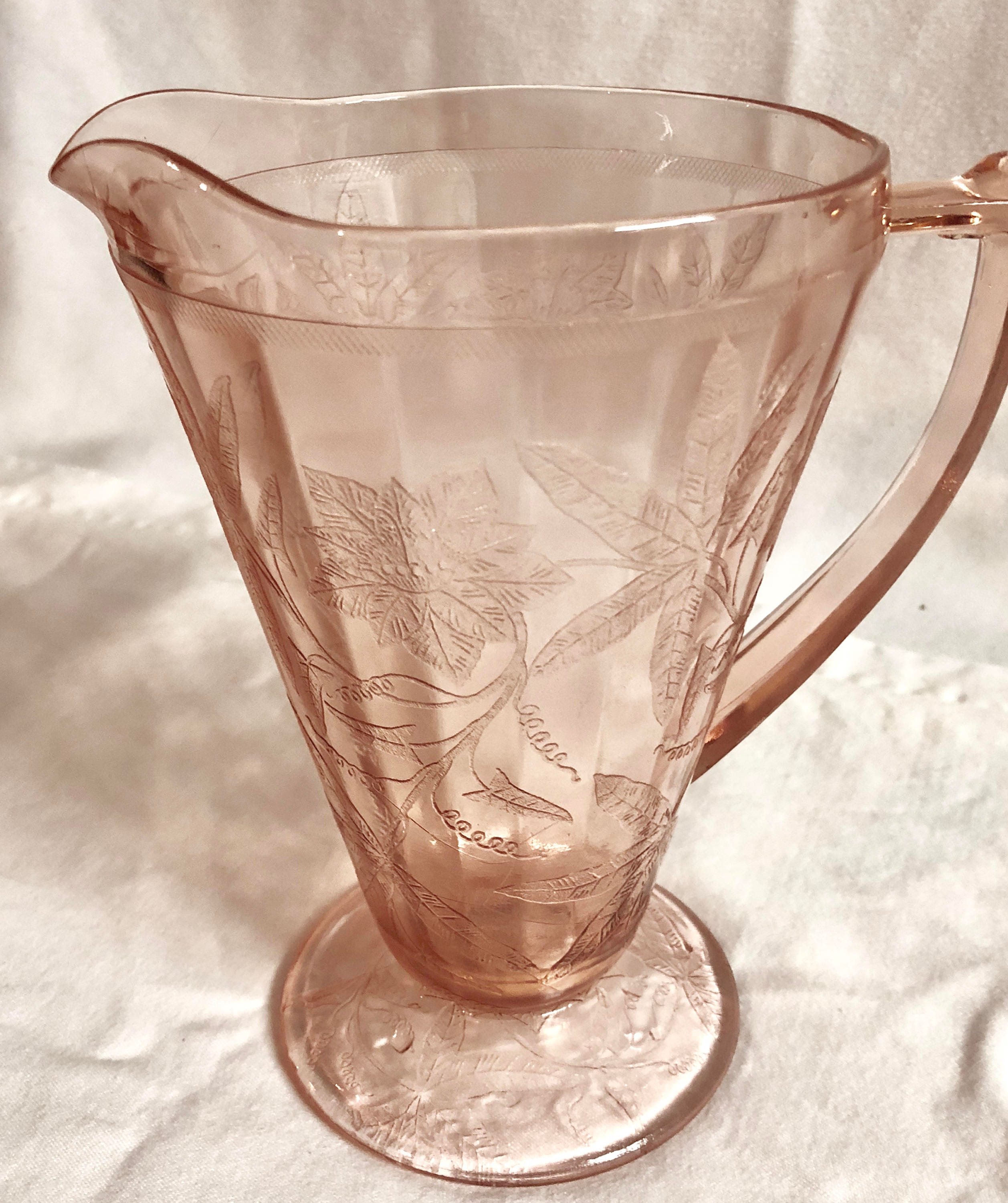 Antique Blush Pink Floral Passiflora/Passion Flower/Poinsettia Depression Glass Pitcher
