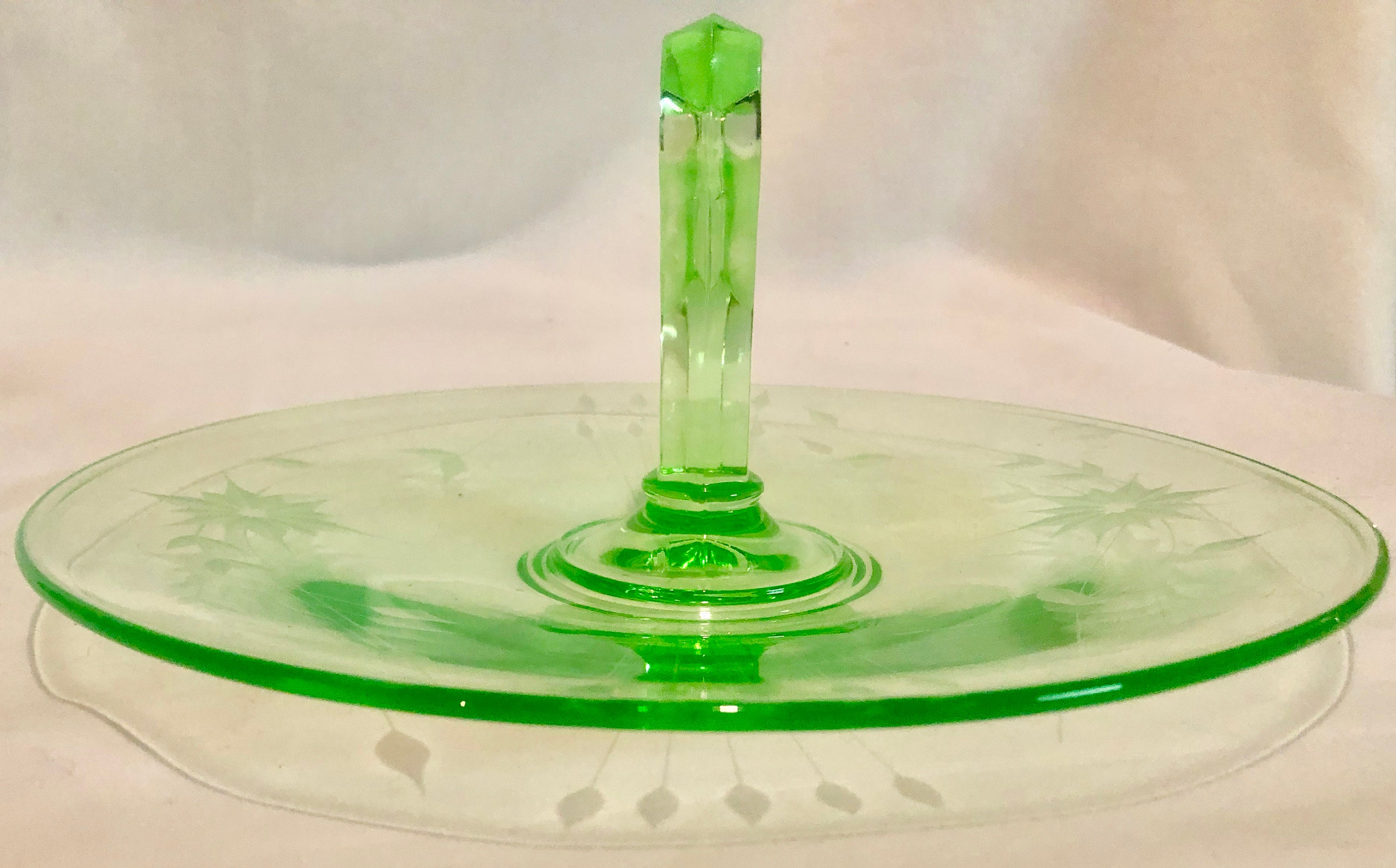 Vintage Green Vaseline/Uranium Depression Glass Serving Dish with Handle