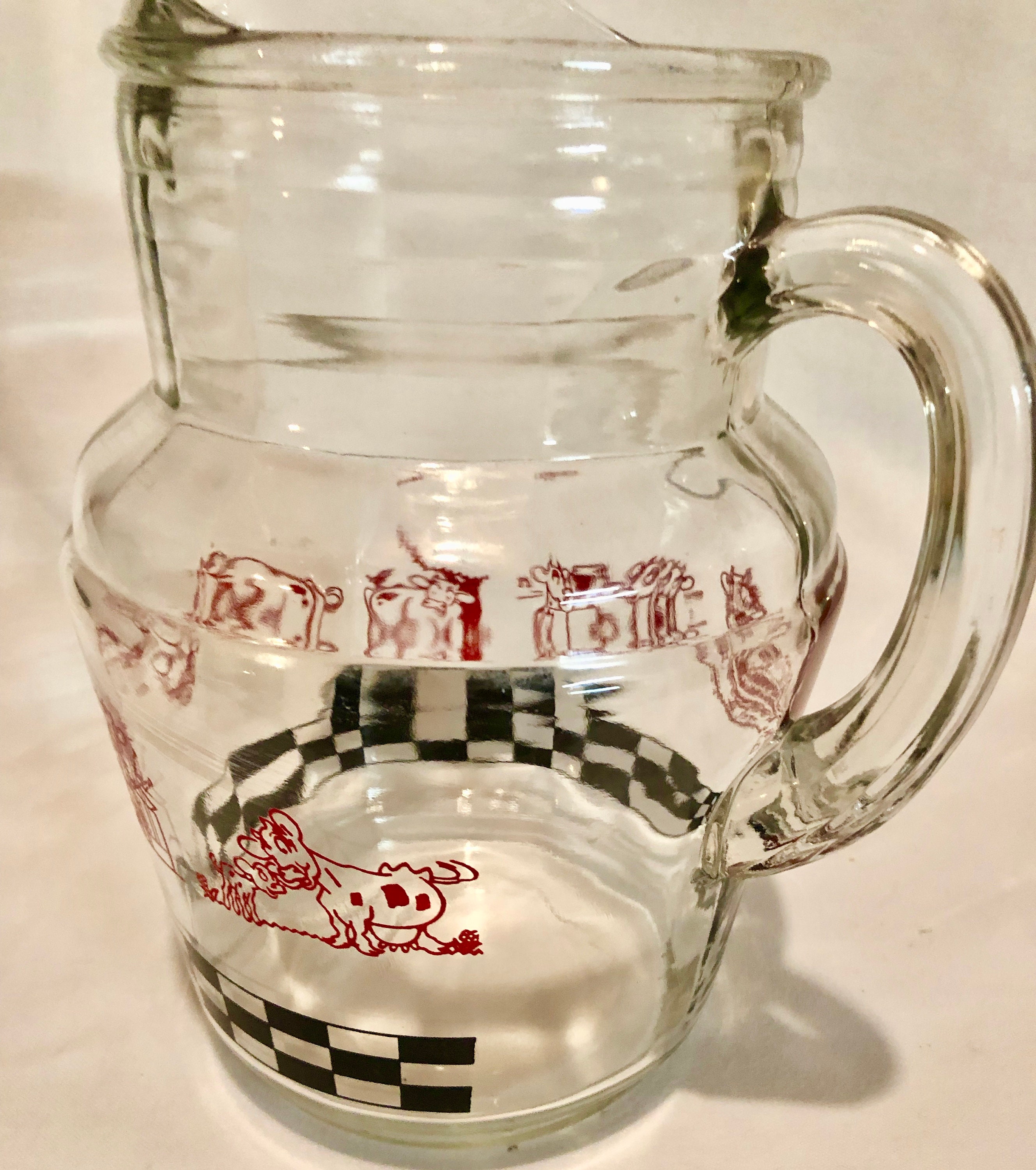 Vintage Dancing Cows Clear Glass Juice Pitcher with Ice Lip, Circa 1950's