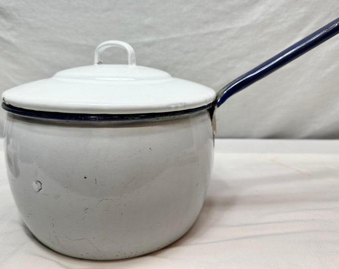 Vintage White and Blue Enamelware Pot with Lid- 9 inch