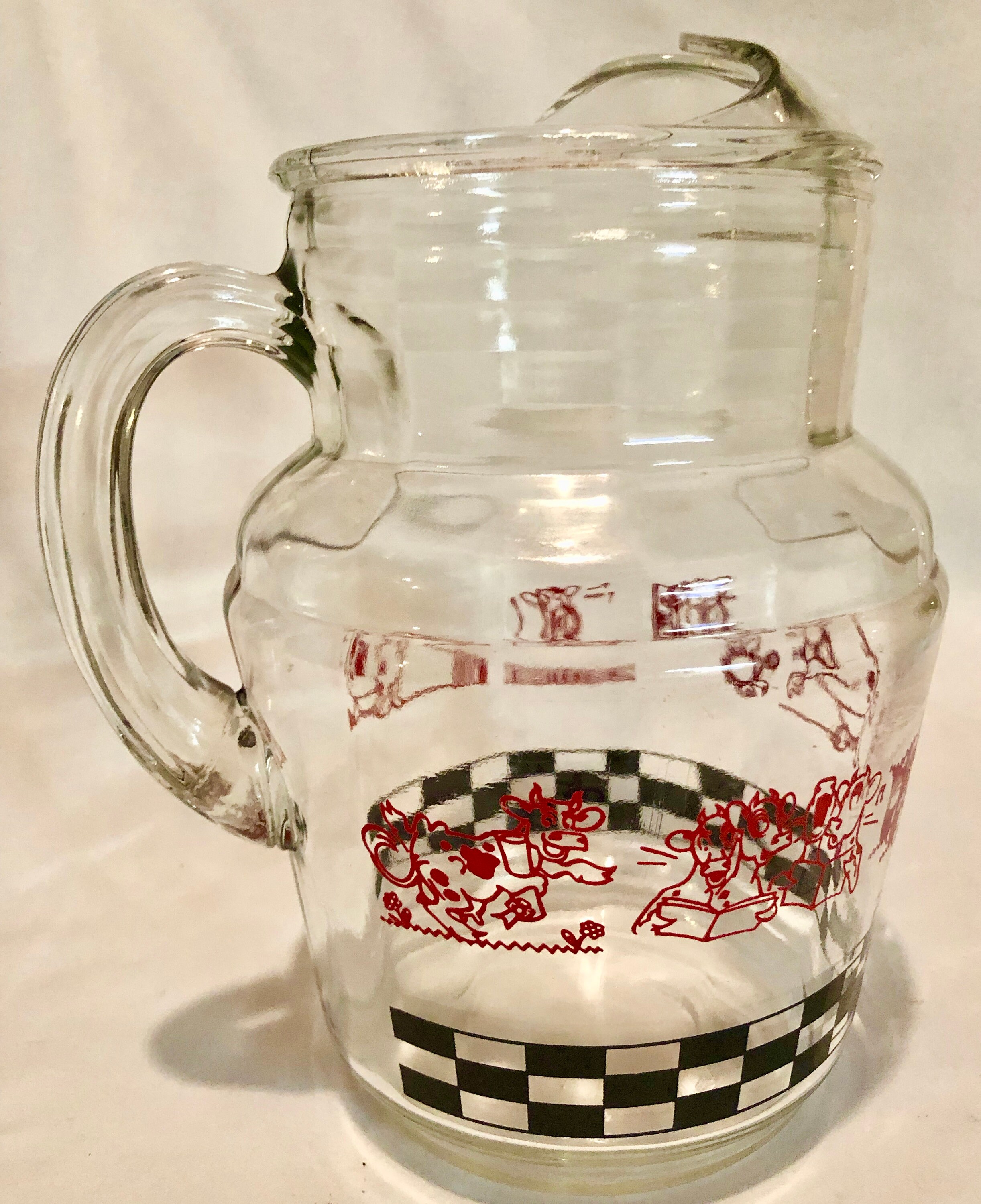 Vintage Dancing Cows Clear Glass Juice Pitcher with Ice Lip, Circa 1950's