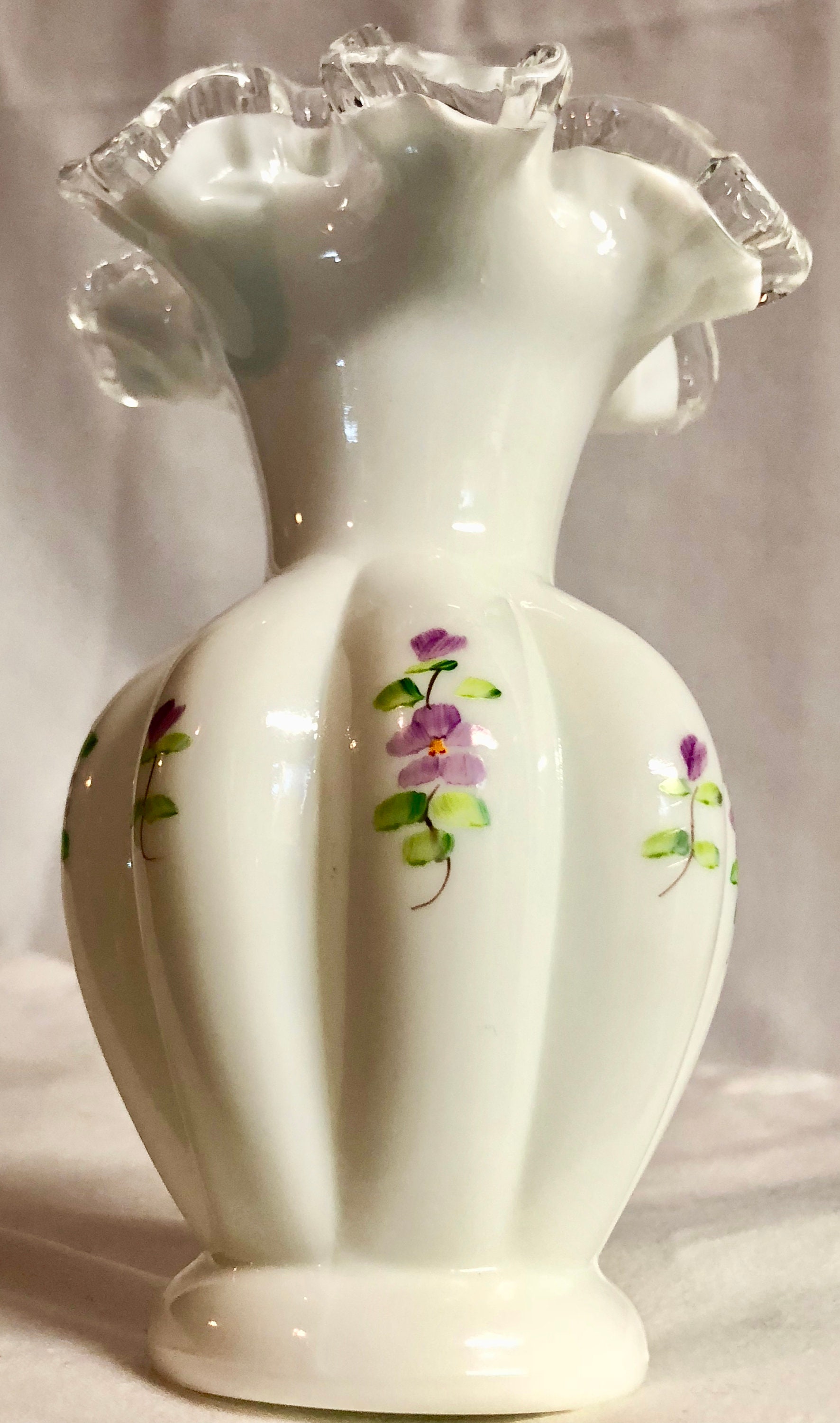 Fenton White Vintage Ruffled Edge Hand Painted Delicate Purple/Lavender