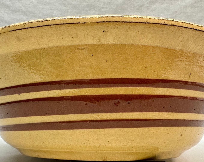 Vintage Yellow Stoneware Mixing Bowl with Red Stripes