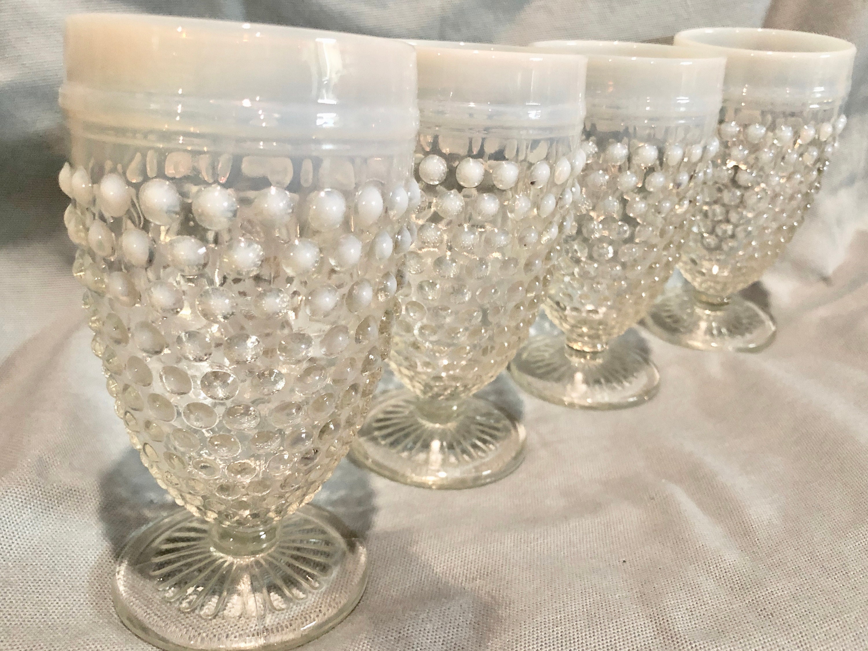 Vintage Clear/White Hobnail 8 ounce Pedestal Drinking/Water Glasses