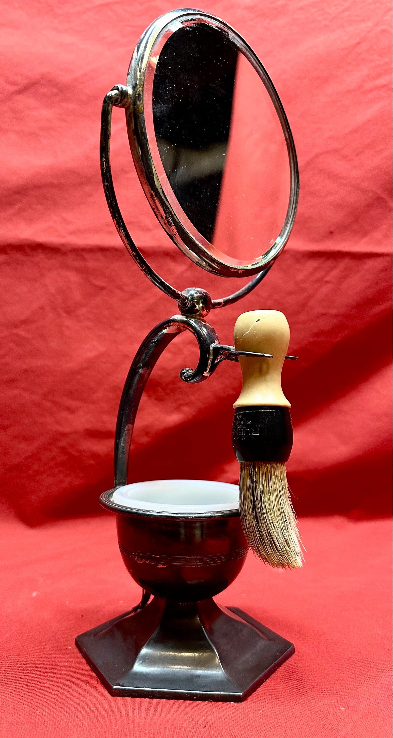 Vintage Silver Plate Men’s Shaving Mirror Set/Swivel Mirror/Brush/White Milk Glass Cup,Wm