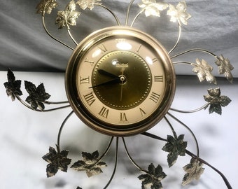 Vintage Gold Leaf Metal Electric Wall Clock, Model No 77, United Clock Corp, Brooklyn NY