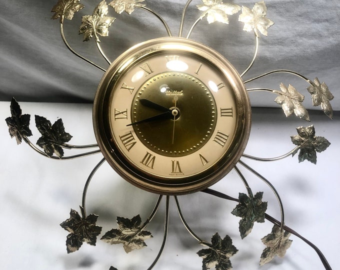 Vintage Gold Leaf Metal Electric Wall Clock, Model No 77, United Clock Corp, Brooklyn NY