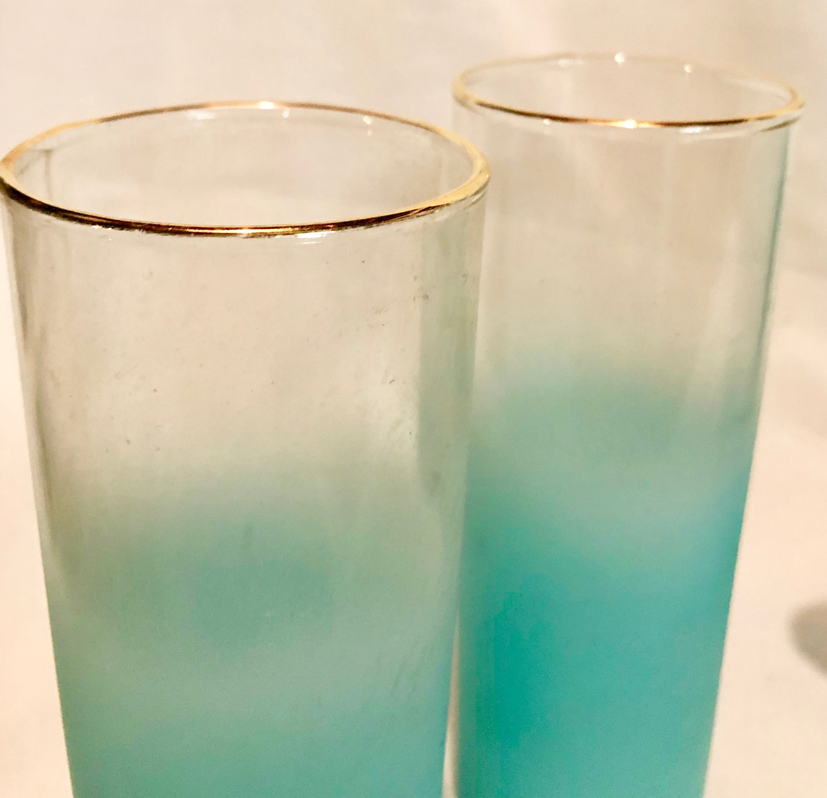 Midcentury Teal Glass Juice/Water Pitcher and set of Two Glasses