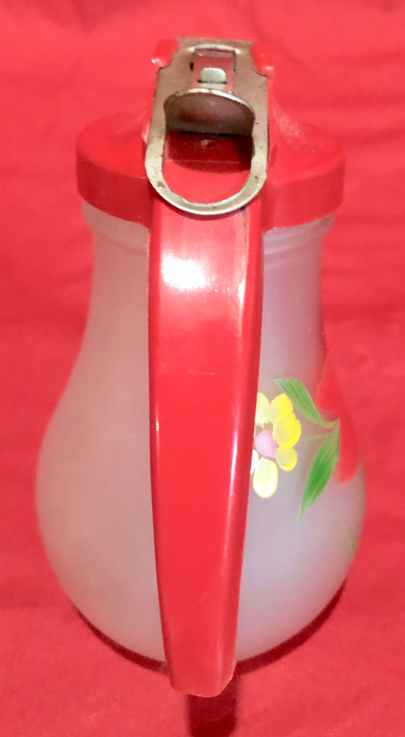 Vintage Small White Frosted Glass Syrup Dispenser/Pitcher,Hand Painted