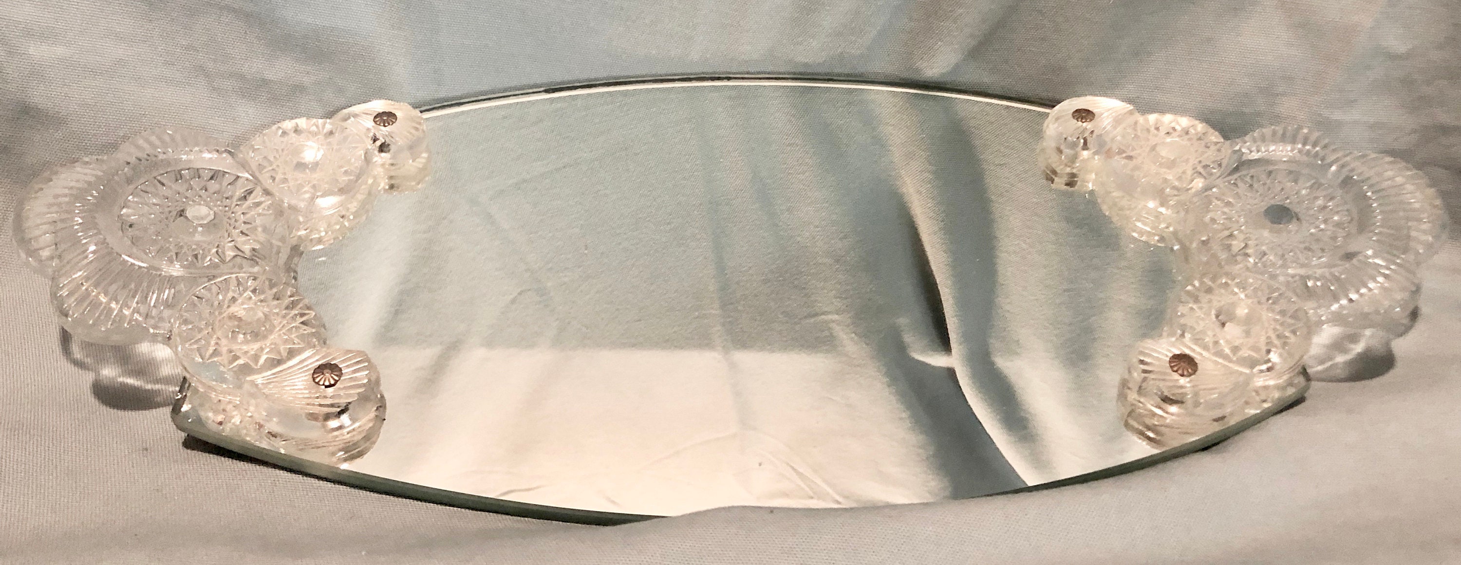 Vintage Mirrored Vanity Tray with Etched Glass Handles