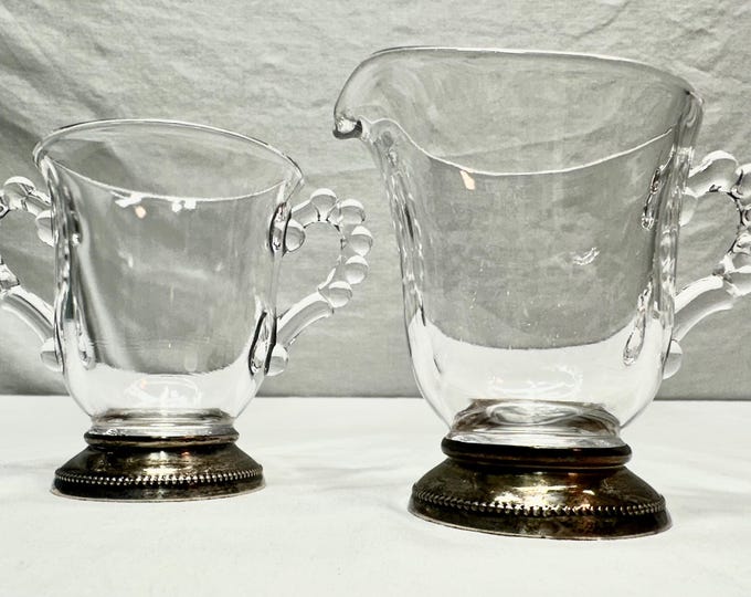 Vintage Clear Depression Glass Hobnail Sugar Bowl and Creamer with Sterling Silver Bases by Wallace Sterling