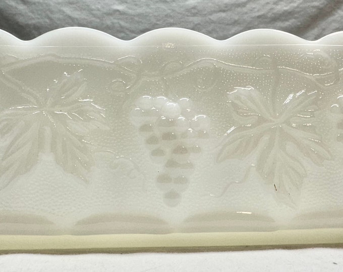 Vintage Anchor Hocking Fire King White Milk Glass Rectangular Planter with Grapevines and Leaves