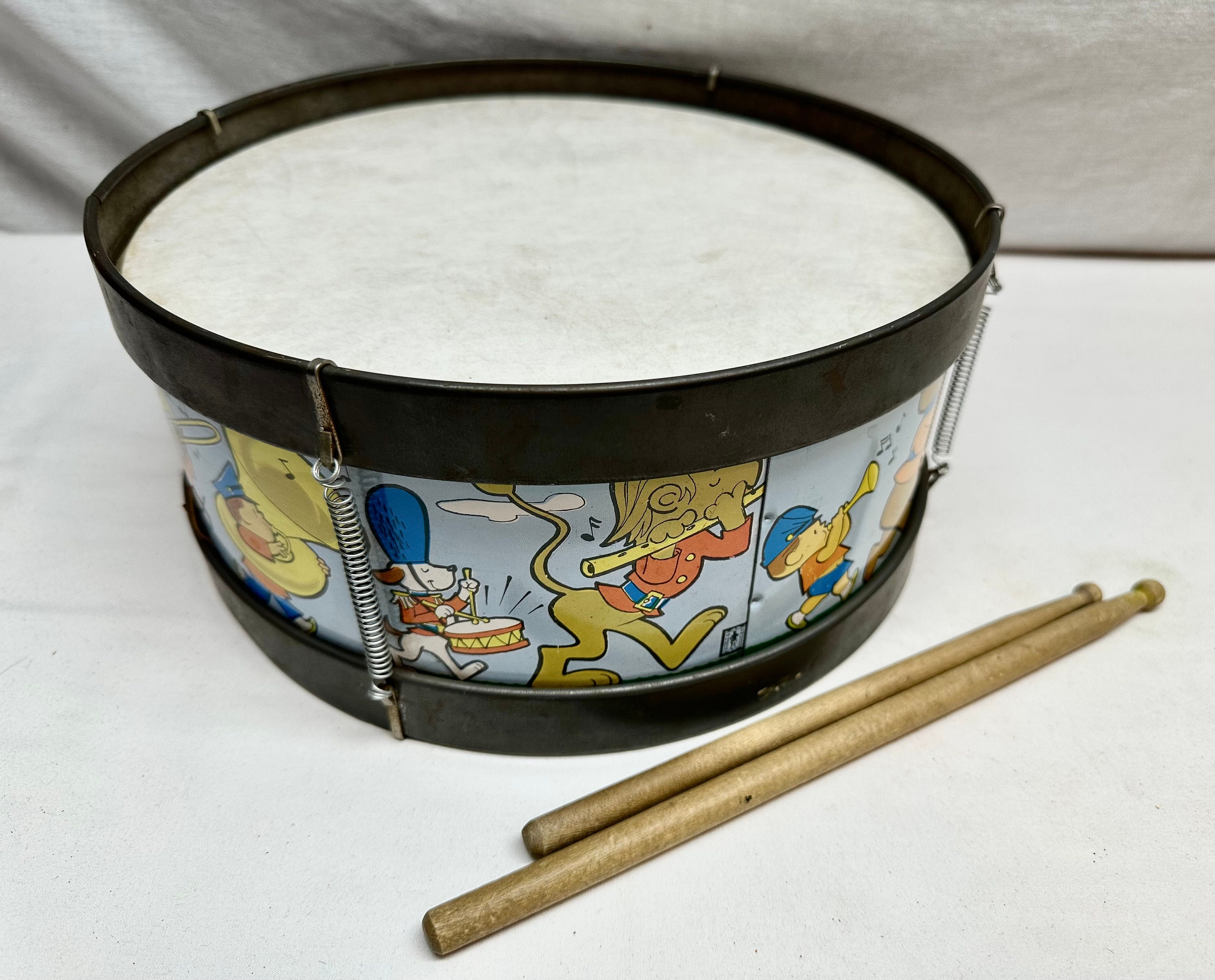 Vintage Noble and Cooley Metal Toy Drum with Two Wooden Drum Sticks
