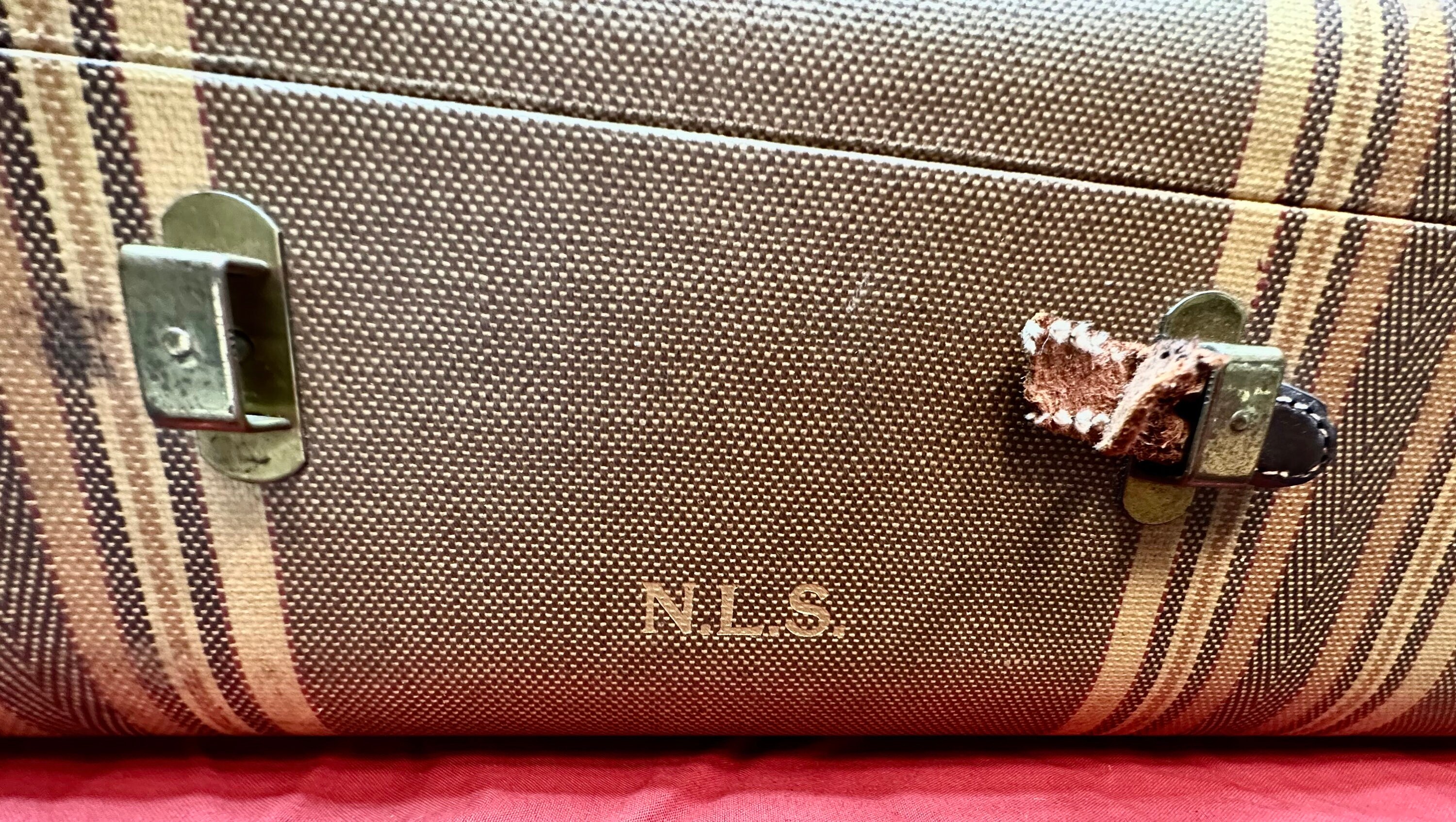 Vintage Hardcover SuitcaseBrown and Tan Tweed Striped Pattern,Brass