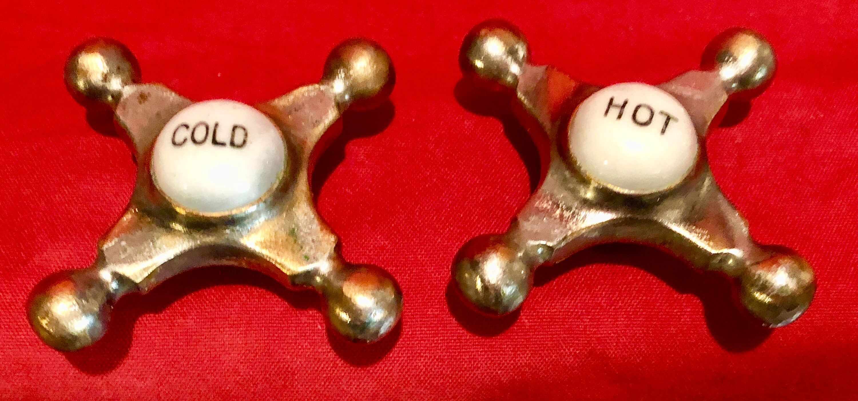 Vintage Brass Hot/Cold Faucet Handles with White Porcelain Buttons