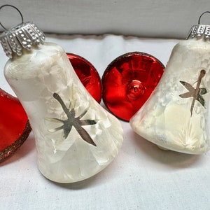 Vintage Red/White Glass Bell Christmas Tree Ornaments in Original Box, Kurt Adler, West Germany- Set of 5