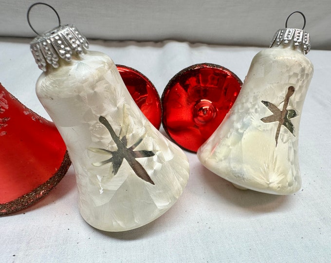 Vintage Red/White Glass Bell Christmas Tree Ornaments in Original Box, Kurt Adler, West Germany- Set of 5