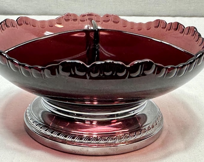 Vintage Krome Kraft Purple Amethyst Divided Glass Serving Dish with Silver Base, Farber Brothers