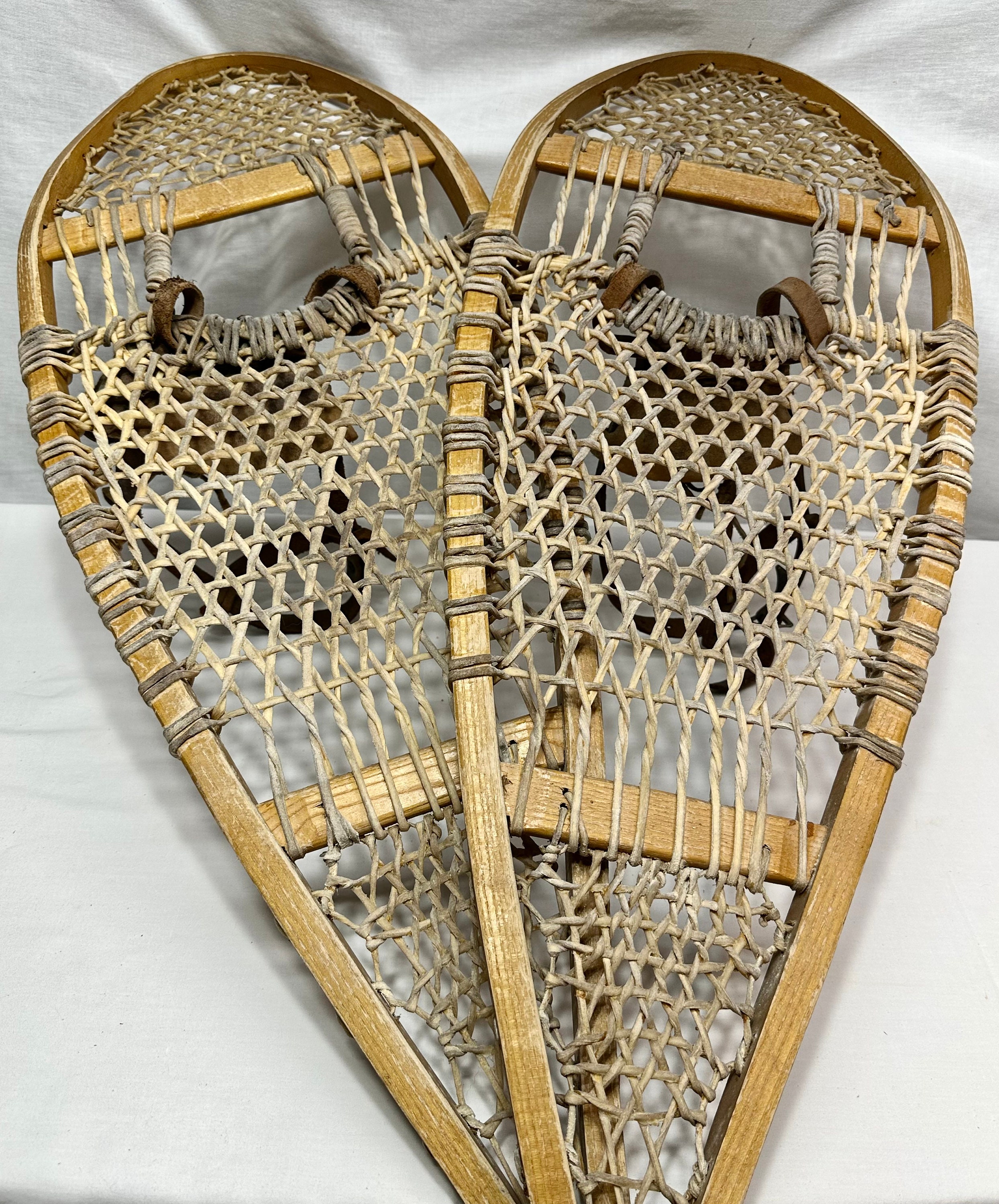 Vintage Wood and Rawhide Snowshoes with Leather Strap Binding,Faber Co