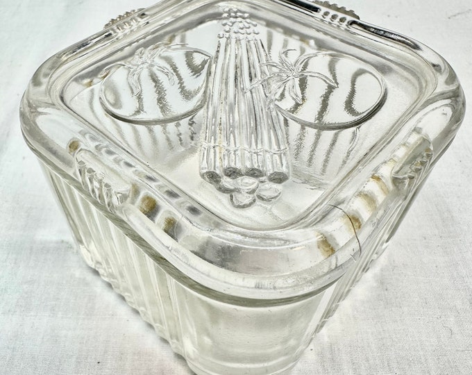 Vintage Clear Glass Refrigerator Storage Container/Box with Asparagus/Tomato Pattern