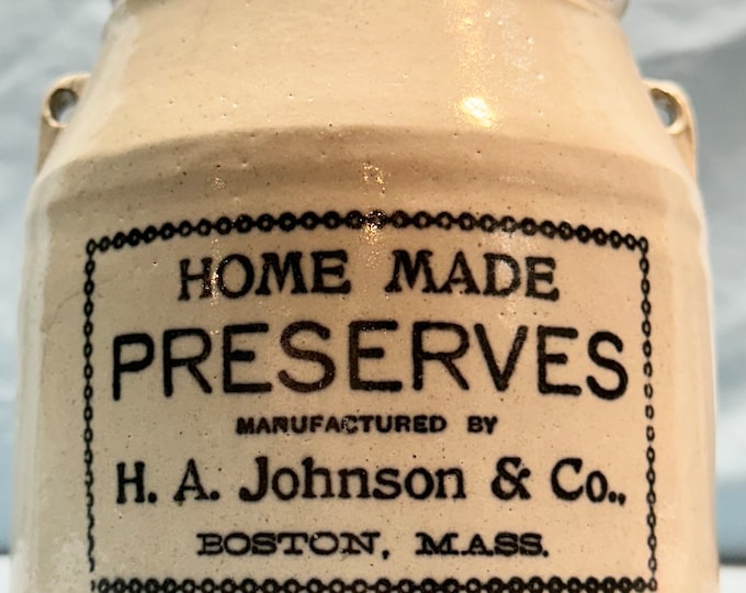 Antique H A Johnson, Boston Mass Homemade Preserves,Beige Stoneware Crock