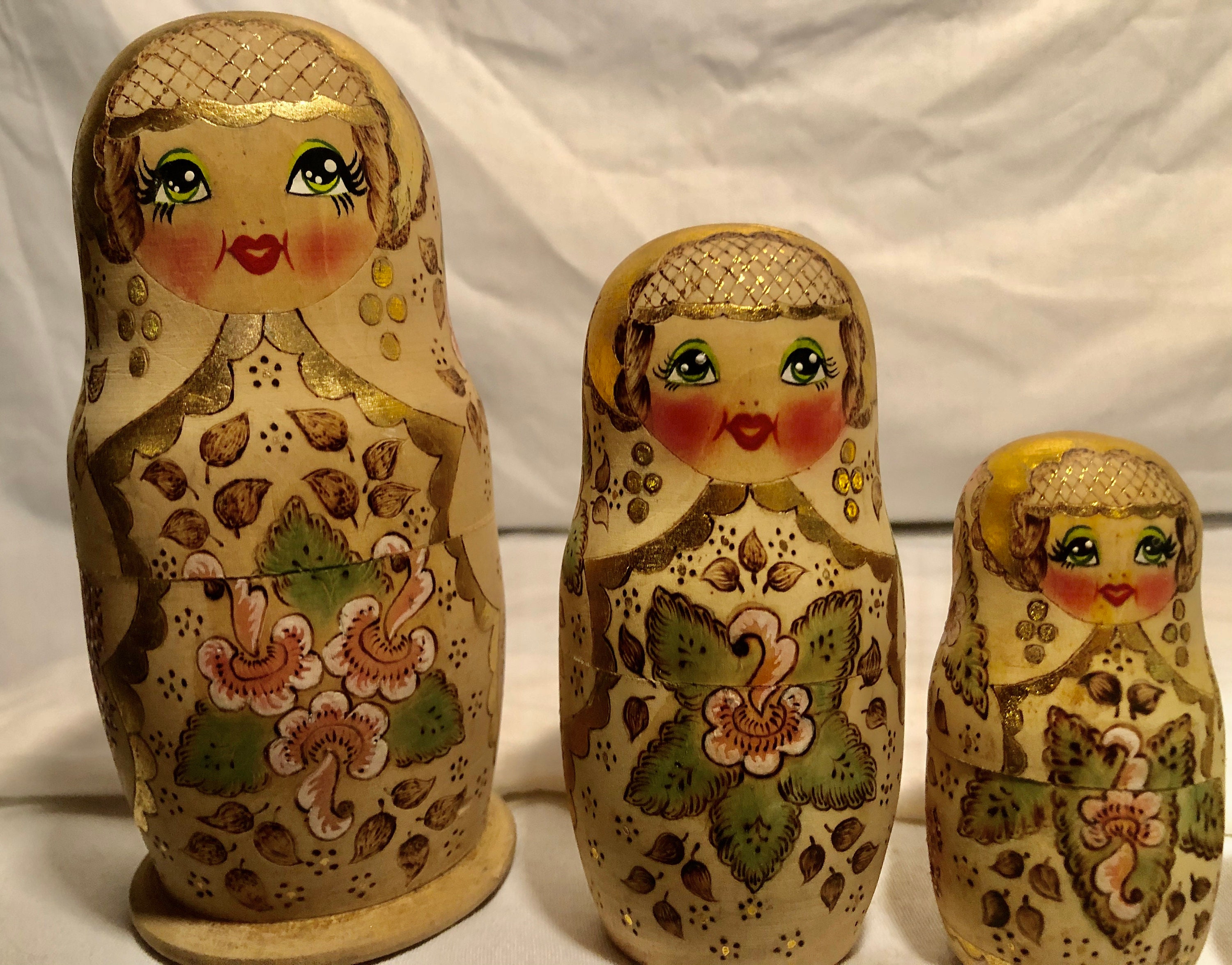 Vintage Wooden Russian Nesting Dolls Hand Painted/Gold Foiled/Wood Burned Five piece set