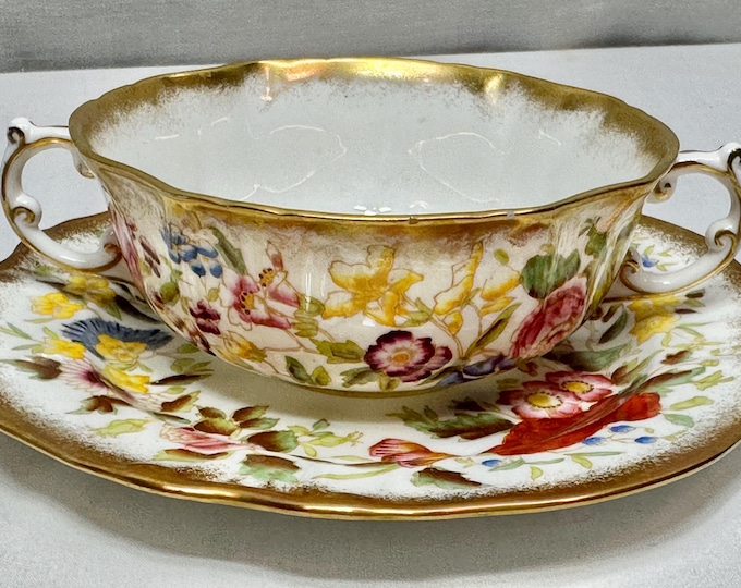 Antique Queen Ann Bone China Flat Cream Soup Bowls and Saucers, Hammersley & Co , England. Set of Two.Numbered 12,13 of 66